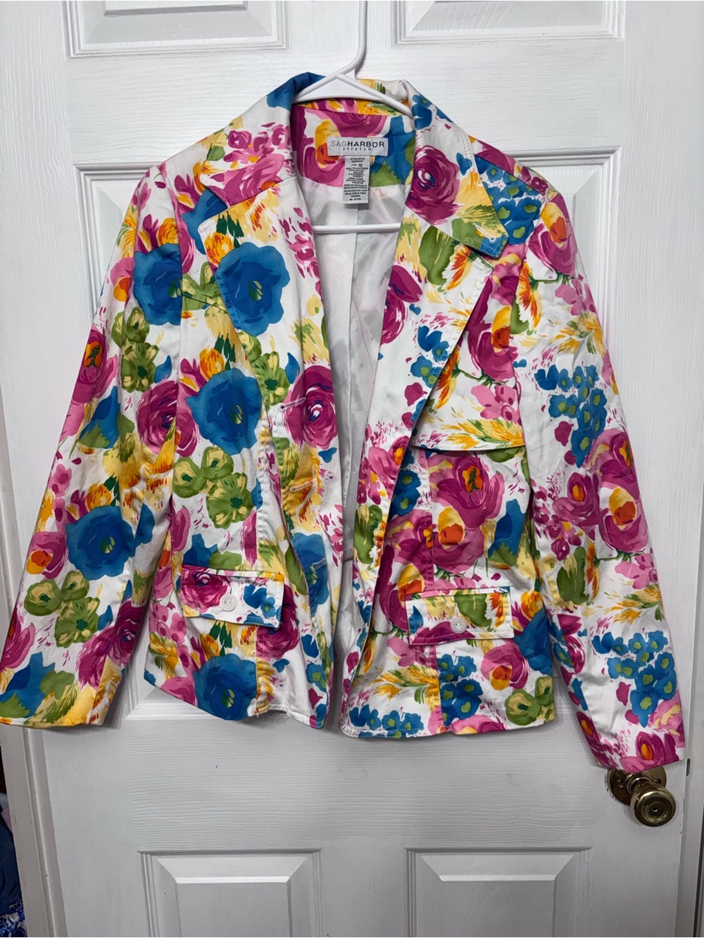 Sag Harbor White Floral Blazer with Blue, Pink & Green Blooms